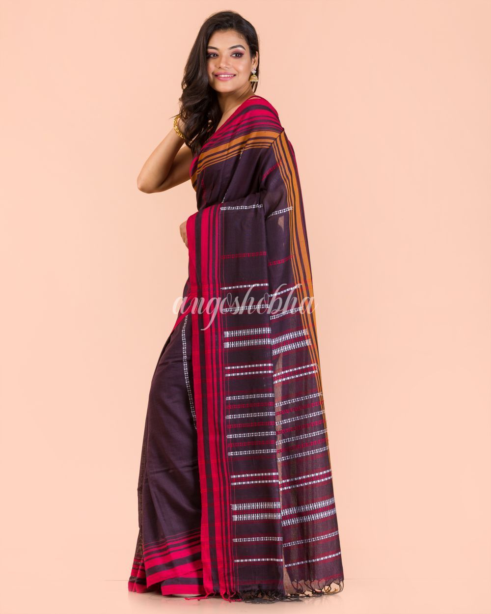 Women's Dark Brown Handwoven Cotton Saree