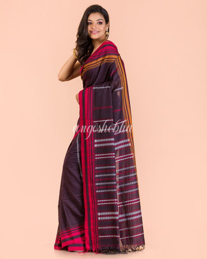 Women's Dark Brown Handwoven Cotton Saree