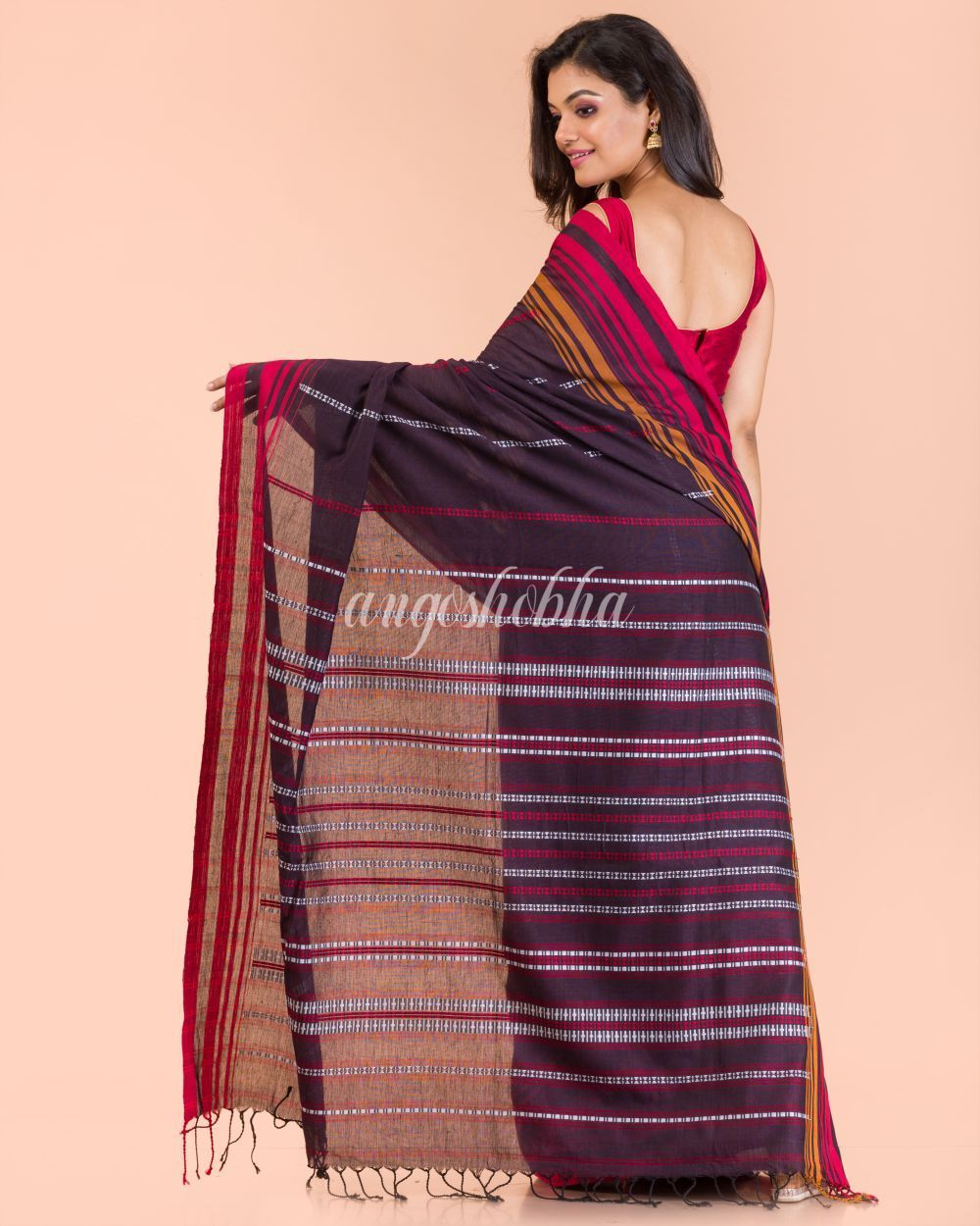 Women's Dark Brown Handwoven Cotton Saree