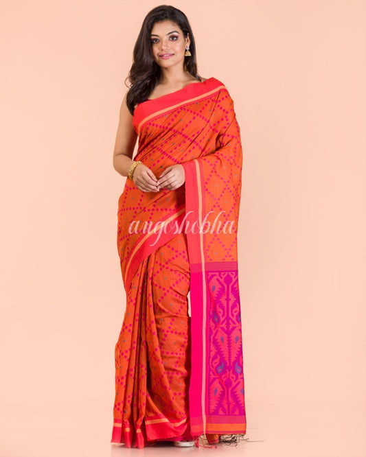 Women's Orange Blended Cotton Saree