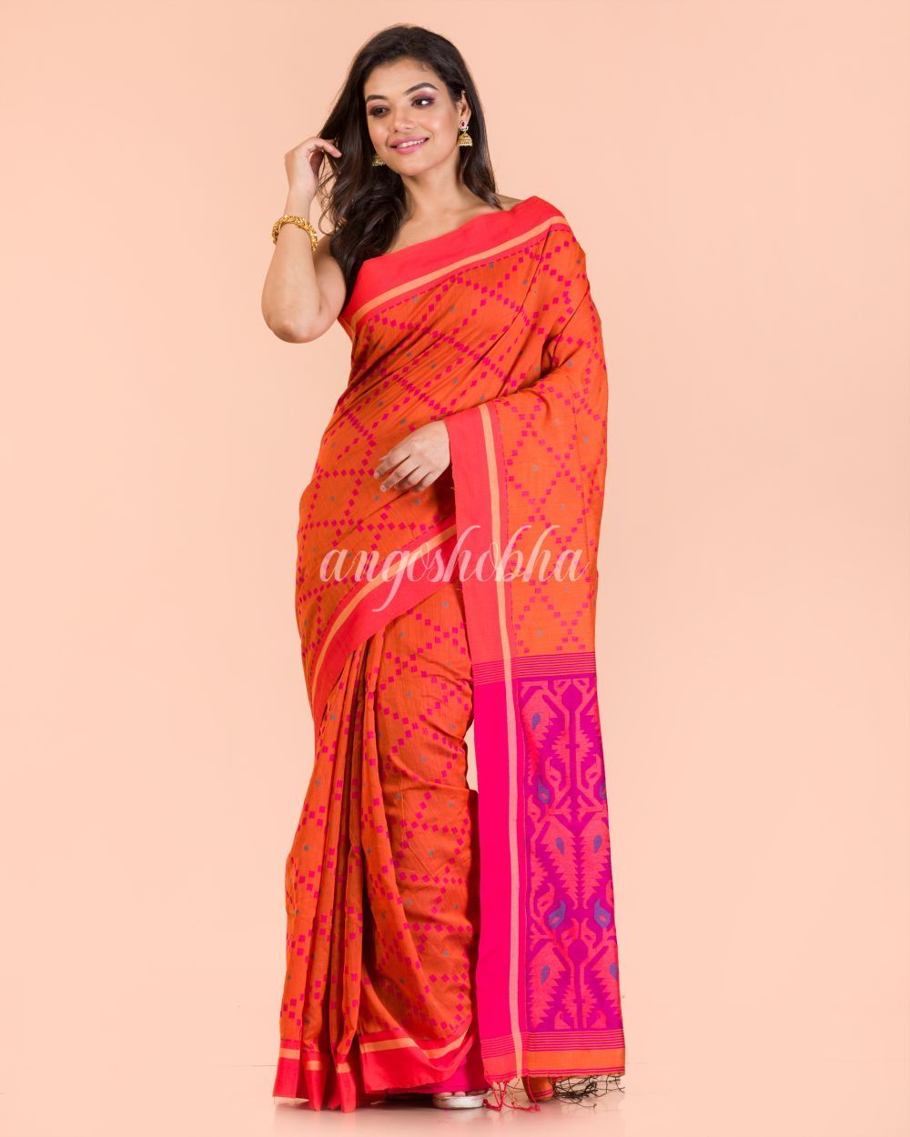 Women's Orange Blended Cotton Saree