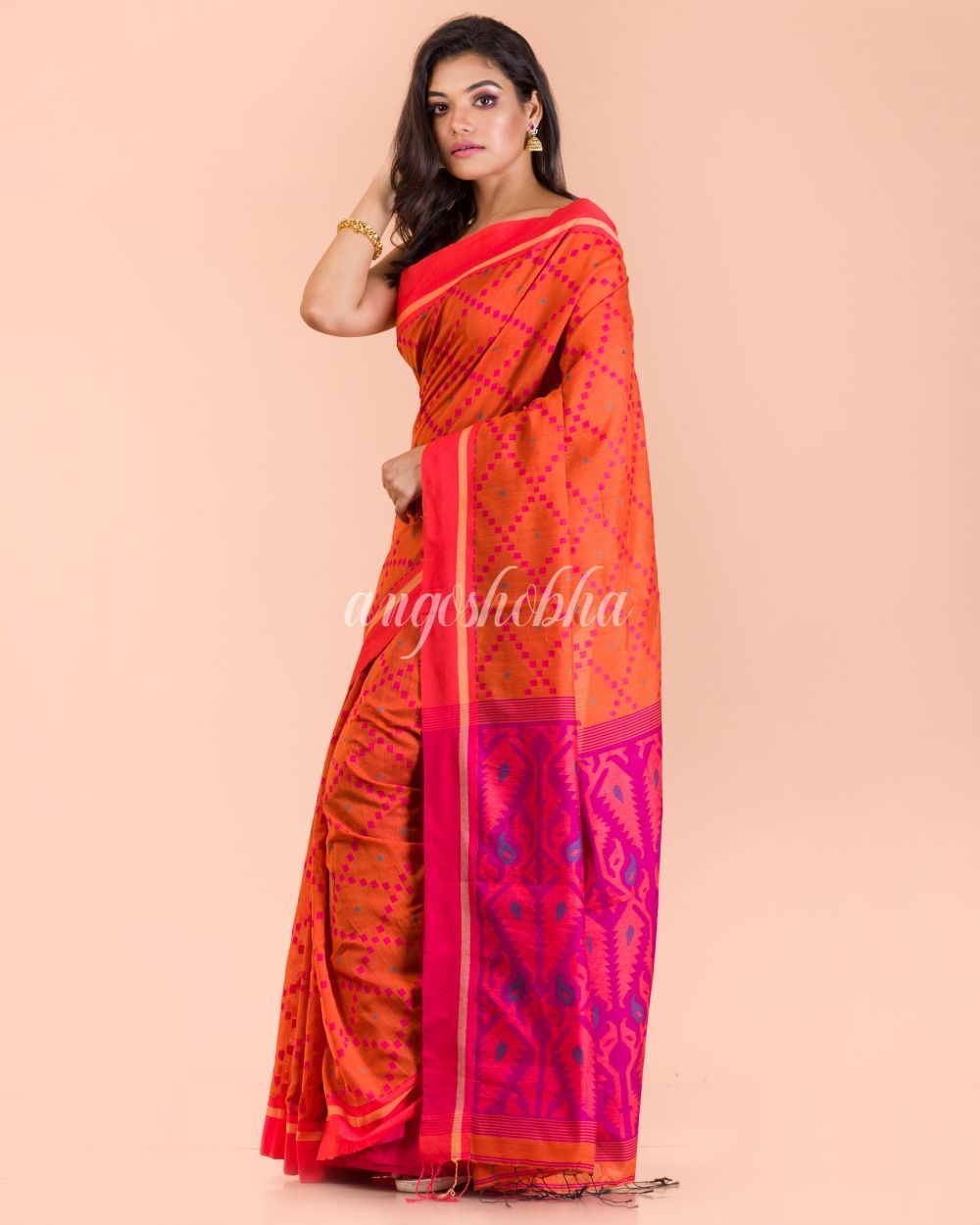 Women's Orange Blended Cotton Saree