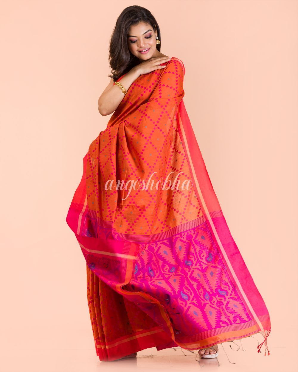 Women's Orange Blended Cotton Saree