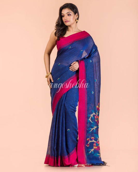 Women's Blue Linen Handloom Jamdani Saree