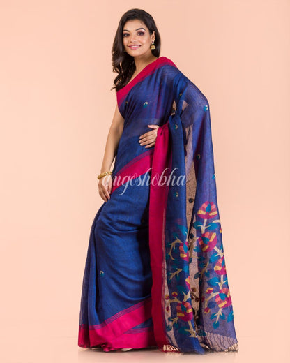 Women's Blue Linen Handloom Jamdani Saree
