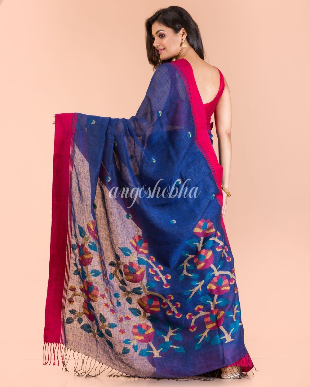 Women's Blue Linen Handloom Jamdani Saree