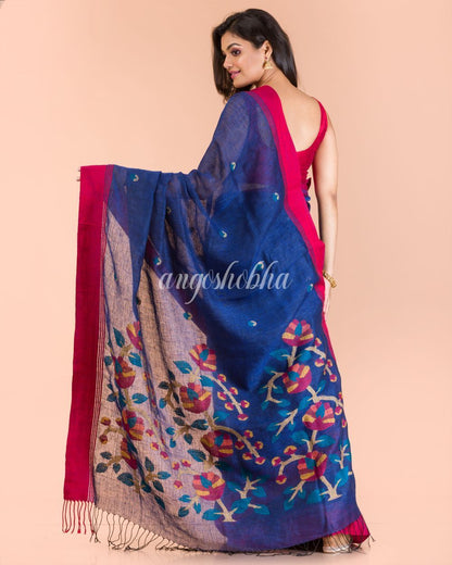 Women's Blue Linen Handloom Jamdani Saree
