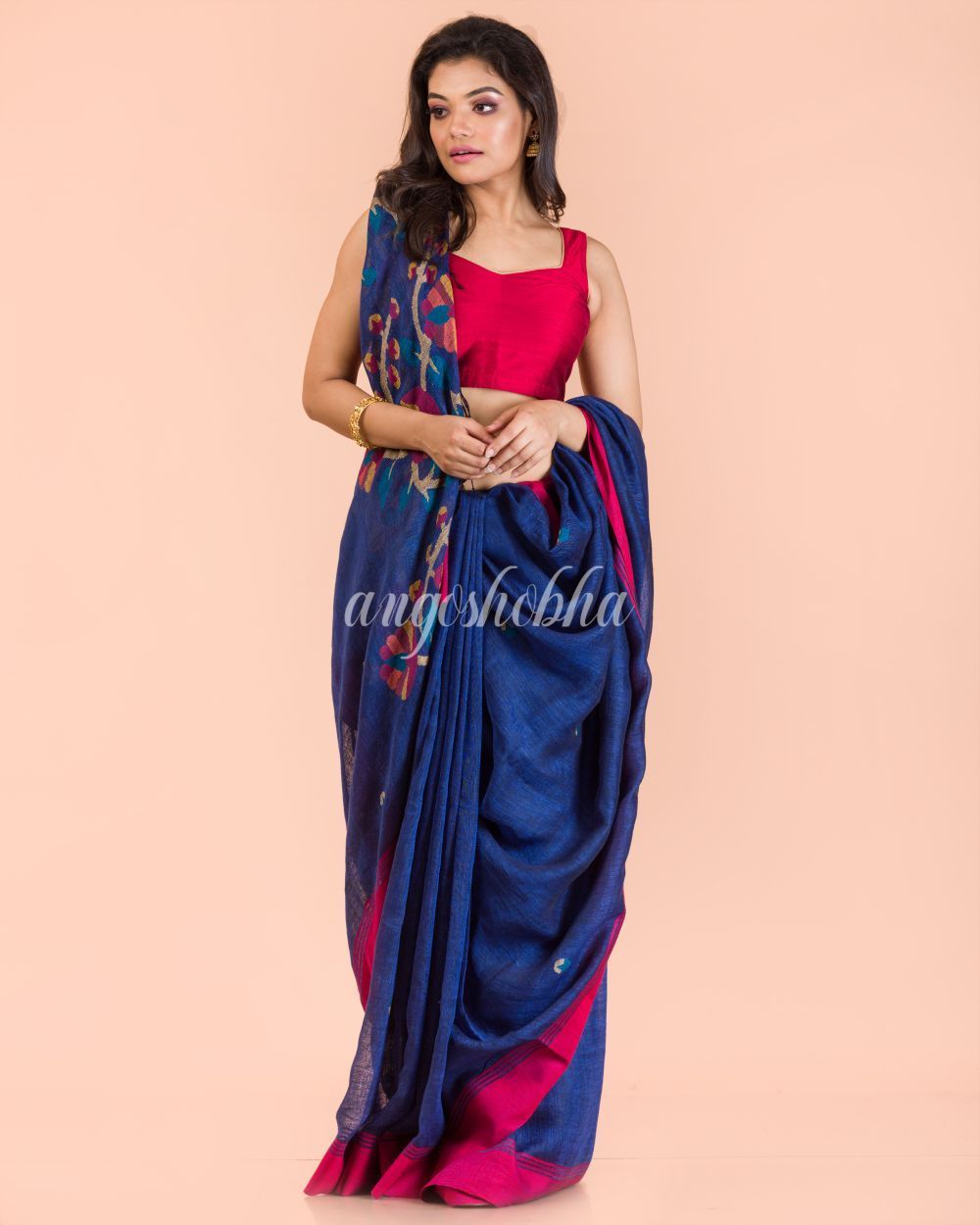 Women's Blue Linen Handloom Jamdani Saree