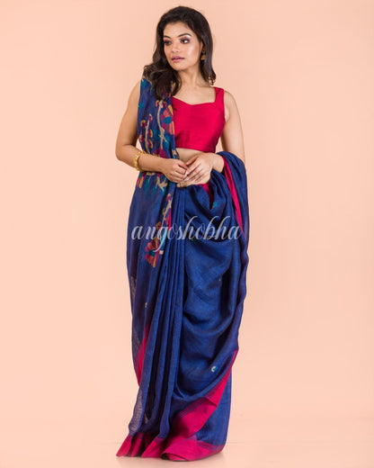 Women's Blue Linen Handloom Jamdani Saree