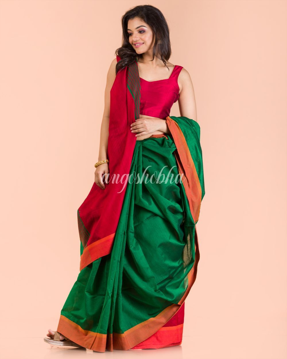 Women's Green Handwoven Blended Cotton Saree