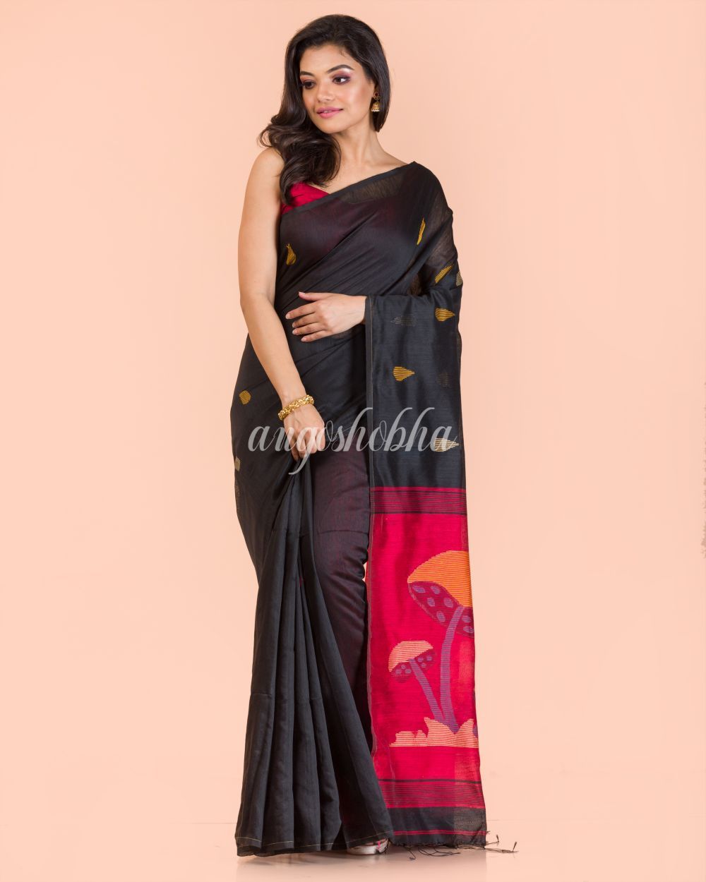 Women's Black Blended Cotton Jamdani Saree