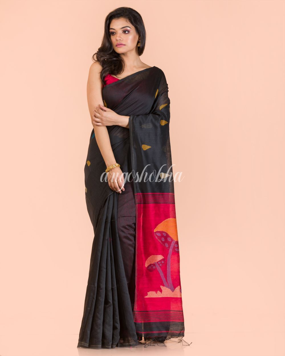 Women's Black Blended Cotton Jamdani Saree