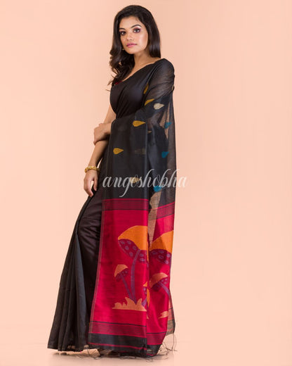 Women's Black Blended Cotton Jamdani Saree