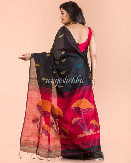 Women's Black Blended Cotton Jamdani Saree