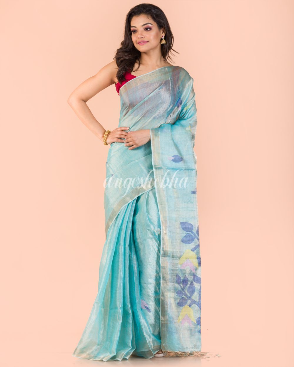 Women's Blue Handwoven Tussar Silk Jamdani Saree