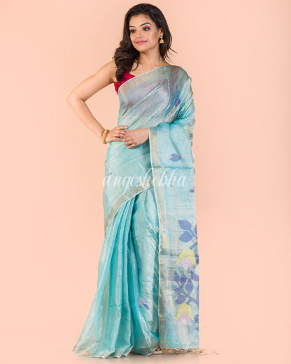 Women's Blue Handwoven Tussar Silk Jamdani Saree