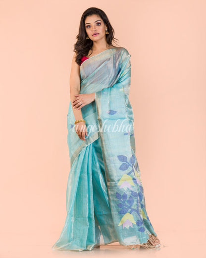 Women's Blue Handwoven Tussar Silk Jamdani Saree