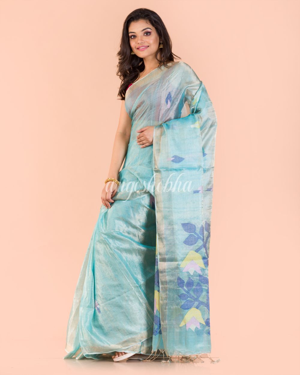 Women's Blue Handwoven Tussar Silk Jamdani Saree
