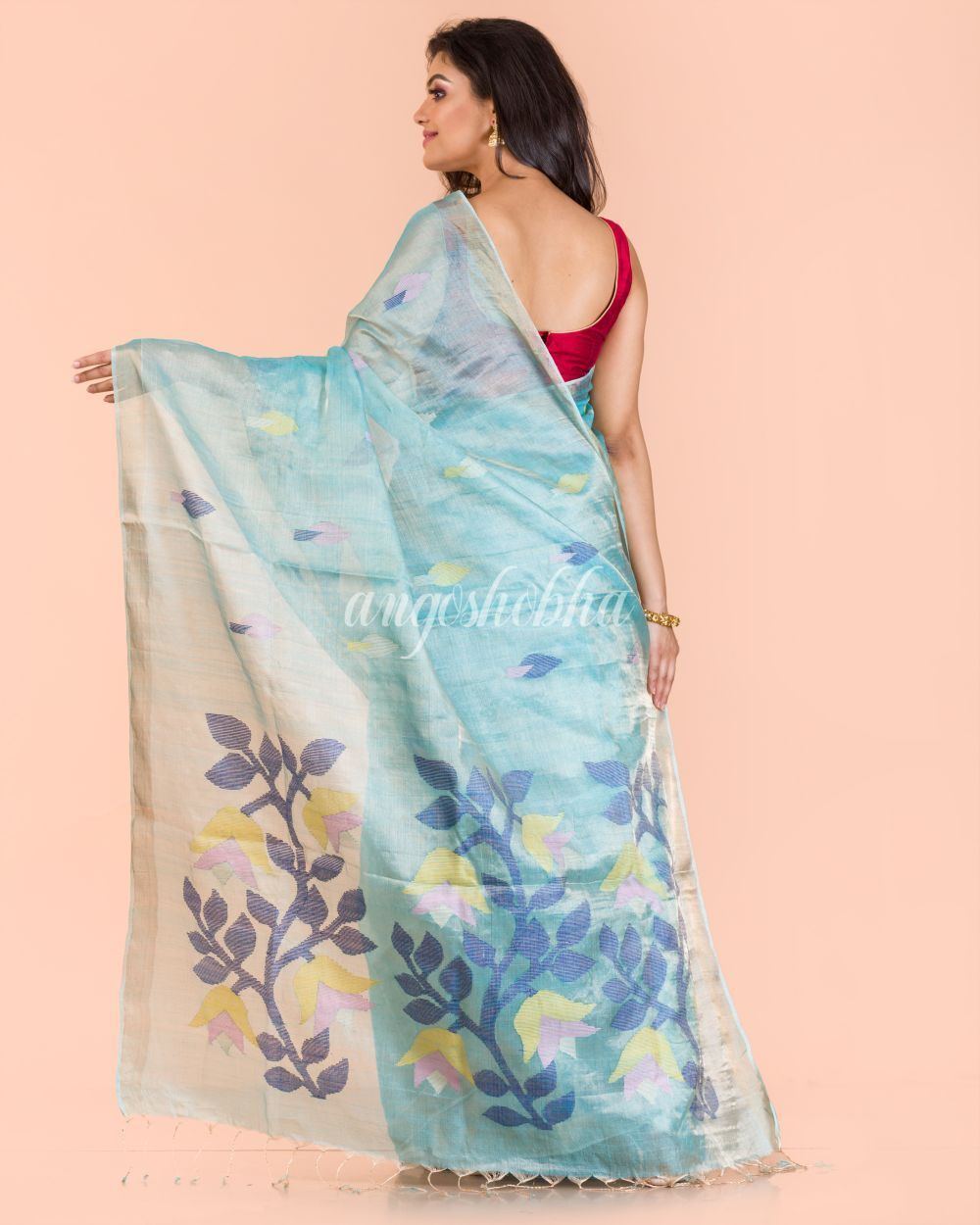 Women's Blue Handwoven Tussar Silk Jamdani Saree