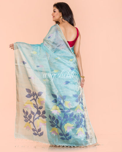 Women's Blue Handwoven Tussar Silk Jamdani Saree