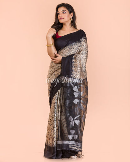 Women's Beige Black Matka Silk Jamdani Saree