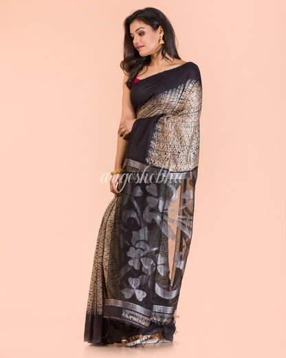 Women's Beige Black Matka Silk Jamdani Saree