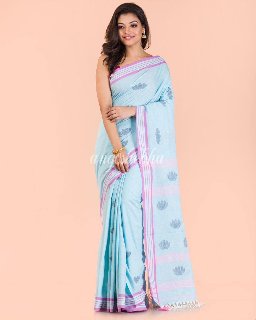 Women's Aqua Handwoven Cotton Saree