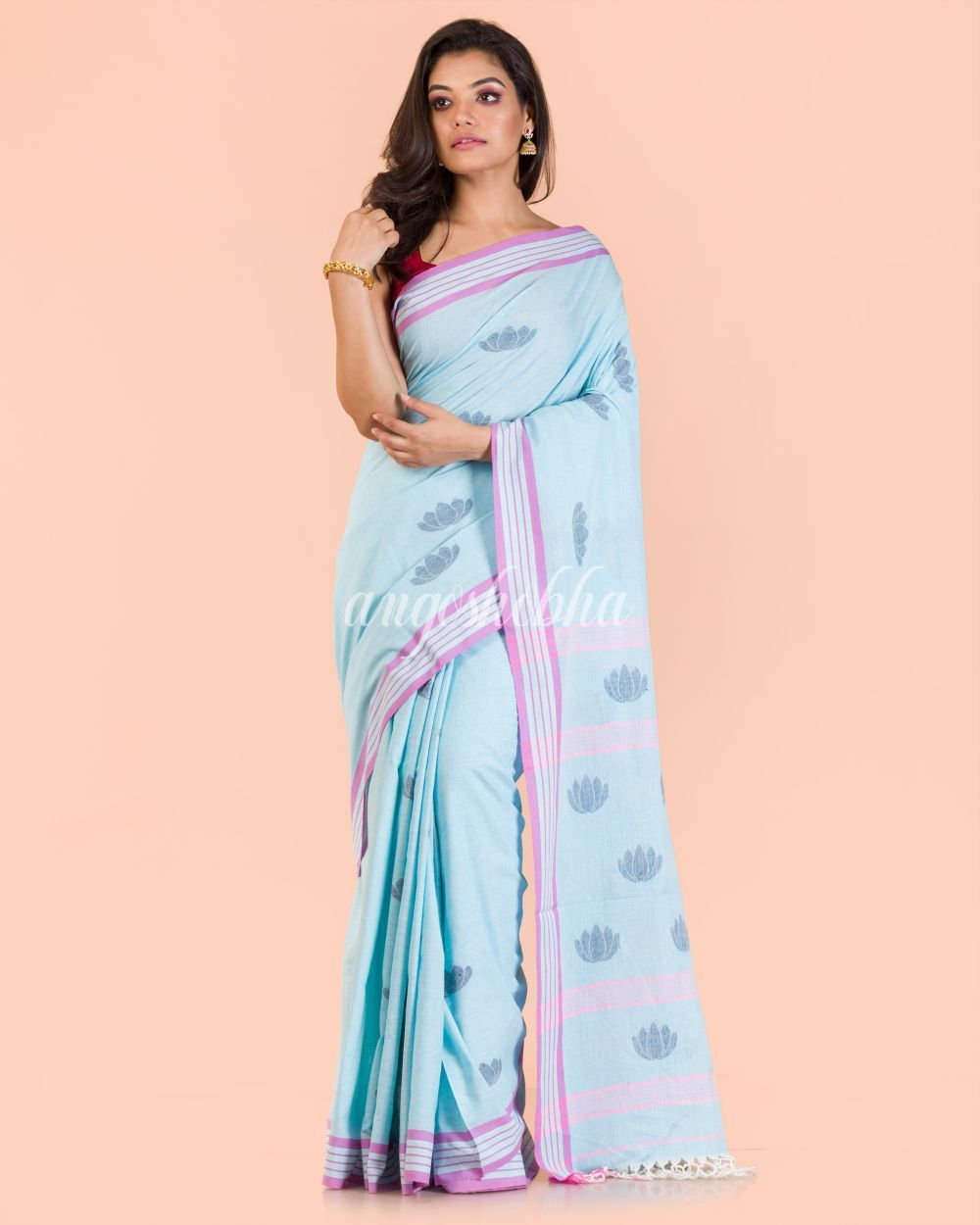 Women's Aqua Handwoven Cotton Saree