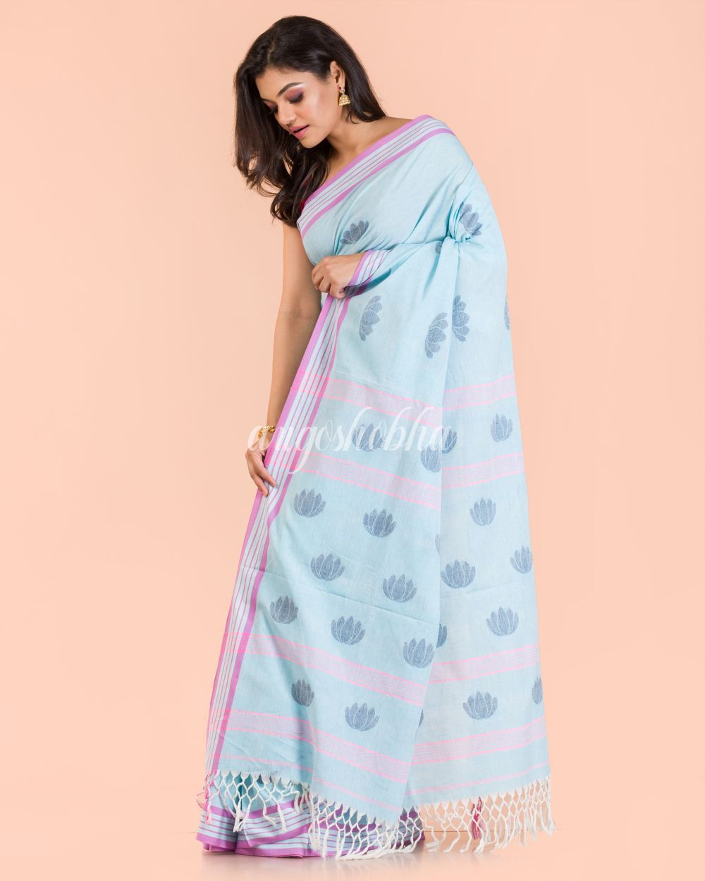Women's Aqua Handwoven Cotton Saree