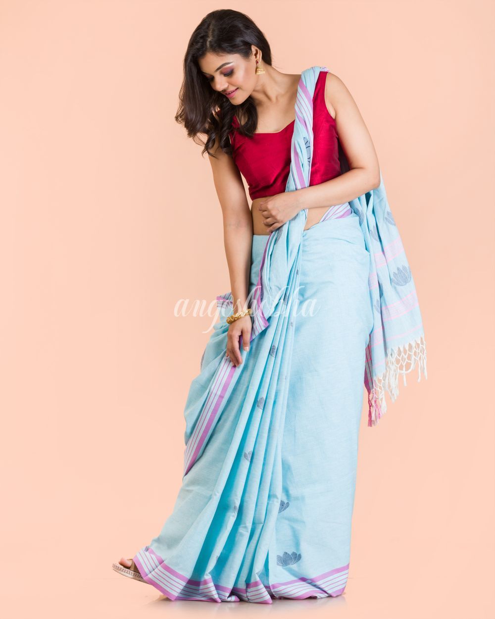 Women's Aqua Handwoven Cotton Saree