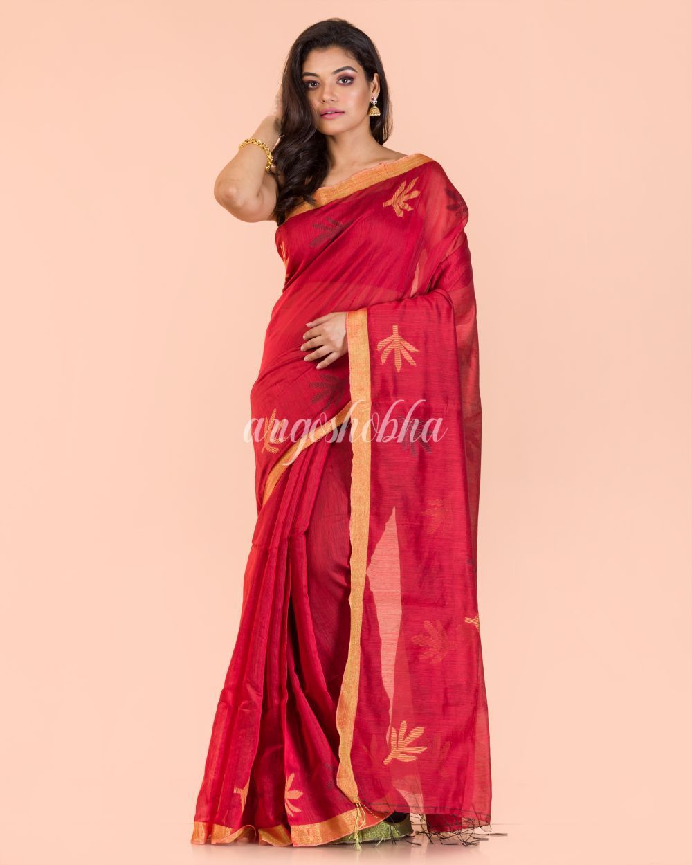 Women's Red Blended Cotton Jamdani Saree