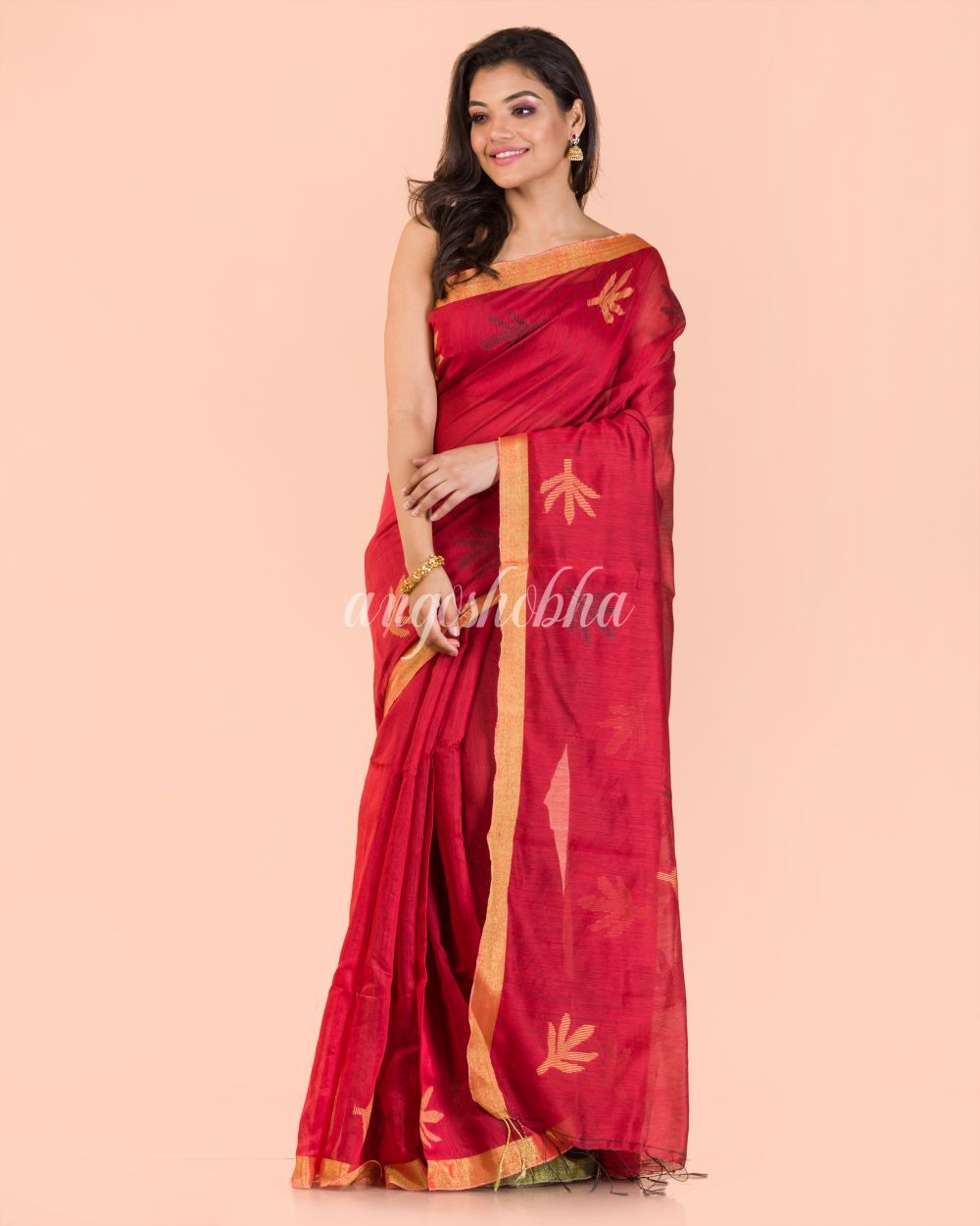 Women's Red Blended Cotton Jamdani Saree