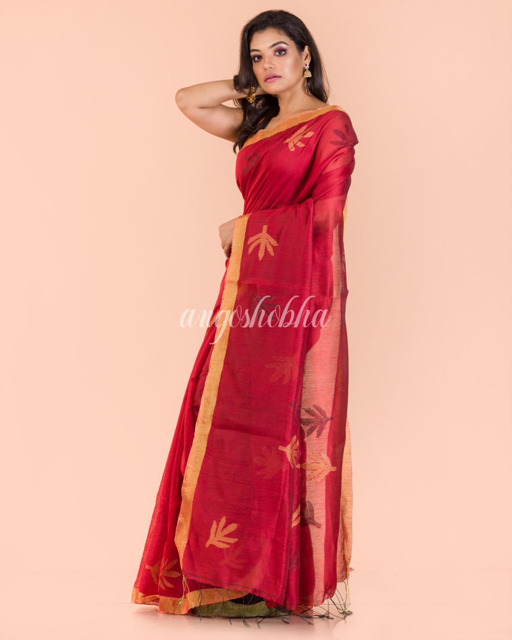 Women's Red Blended Cotton Jamdani Saree