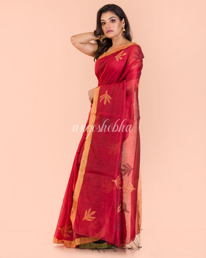 Women's Red Blended Cotton Jamdani Saree