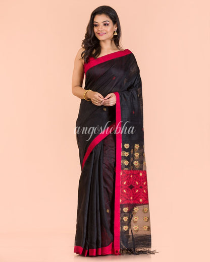 Women's Black Handwoven Matka Silk Saree
