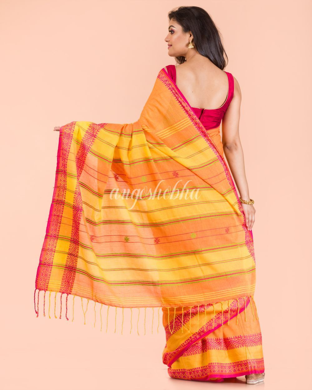 Women's Orange Yellow Cotton Tangail Saree