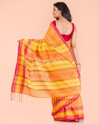 Women's Orange Yellow Cotton Tangail Saree