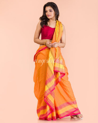 Women's Orange Yellow Cotton Tangail Saree