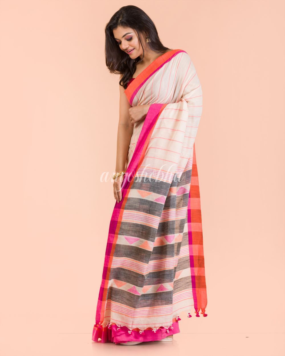 Women's Chiku Cotton Tangail Saree