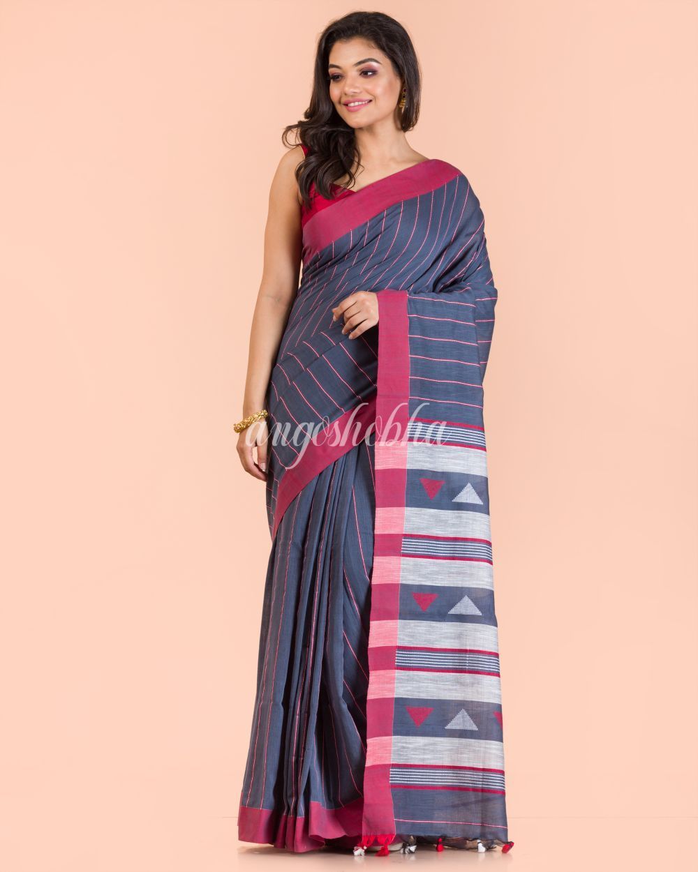 Women's Blue Grey Cotton Tangail Saree