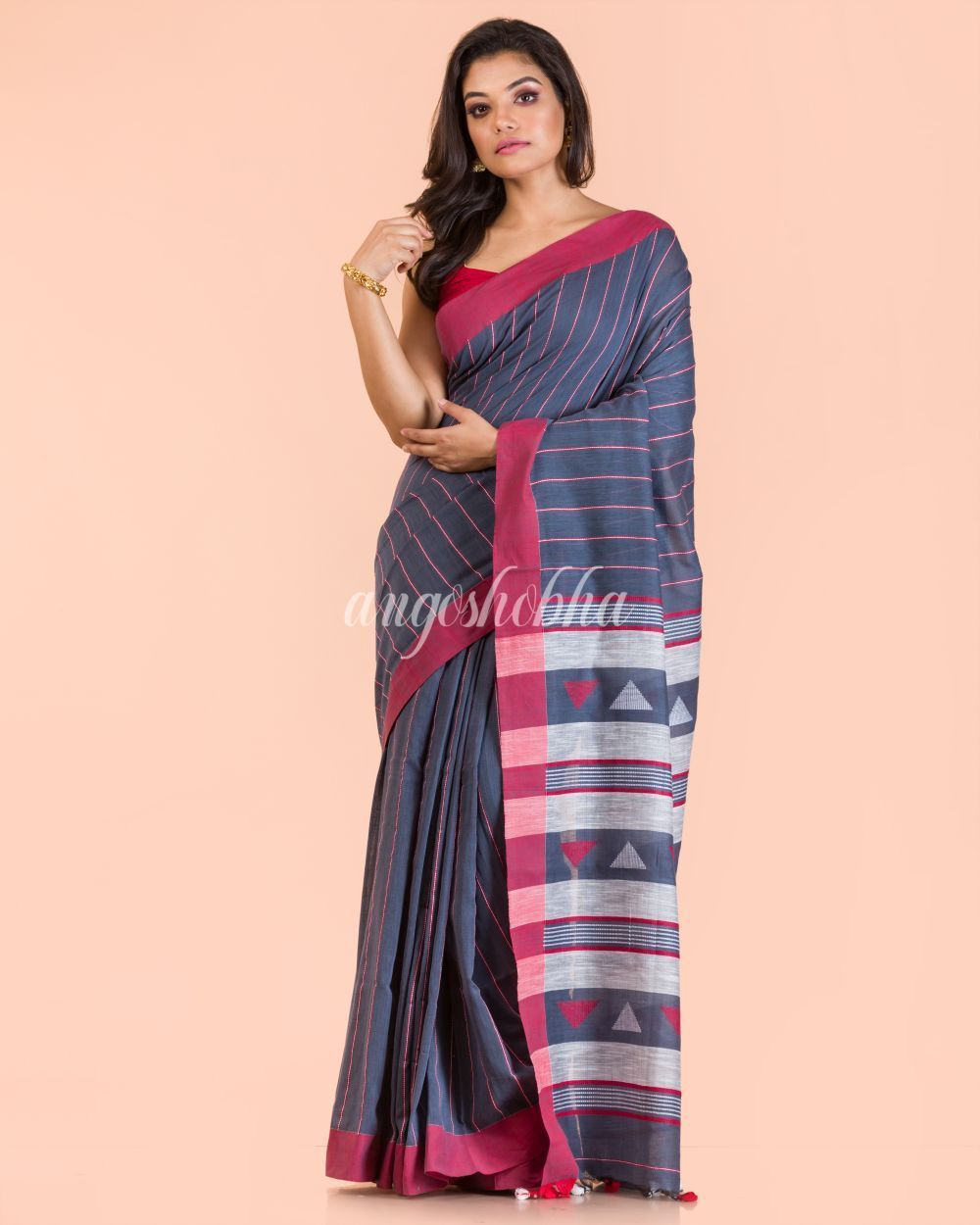 Women's Blue Grey Cotton Tangail Saree