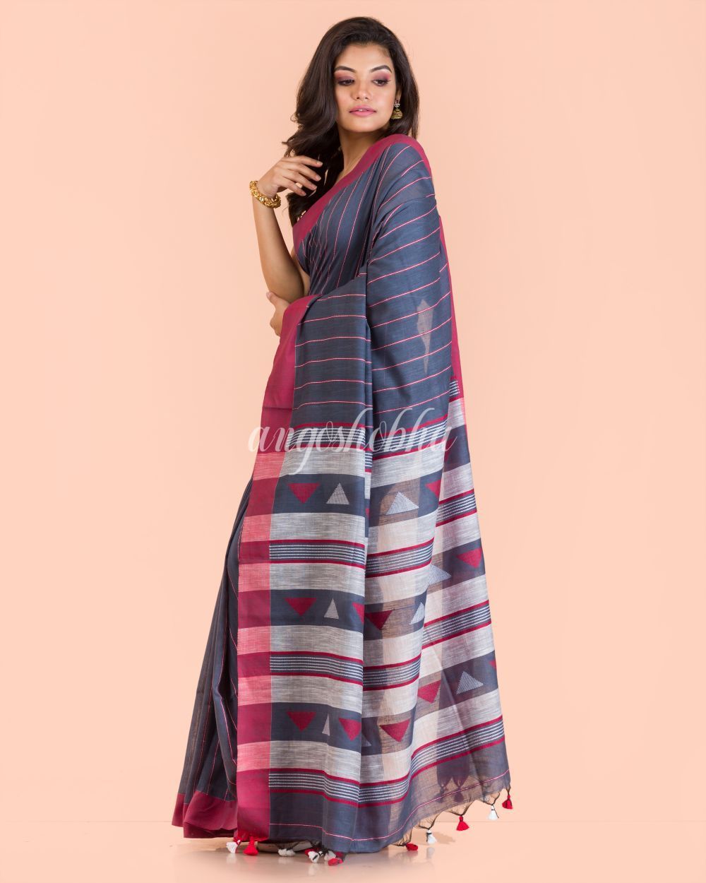 Women's Blue Grey Cotton Tangail Saree