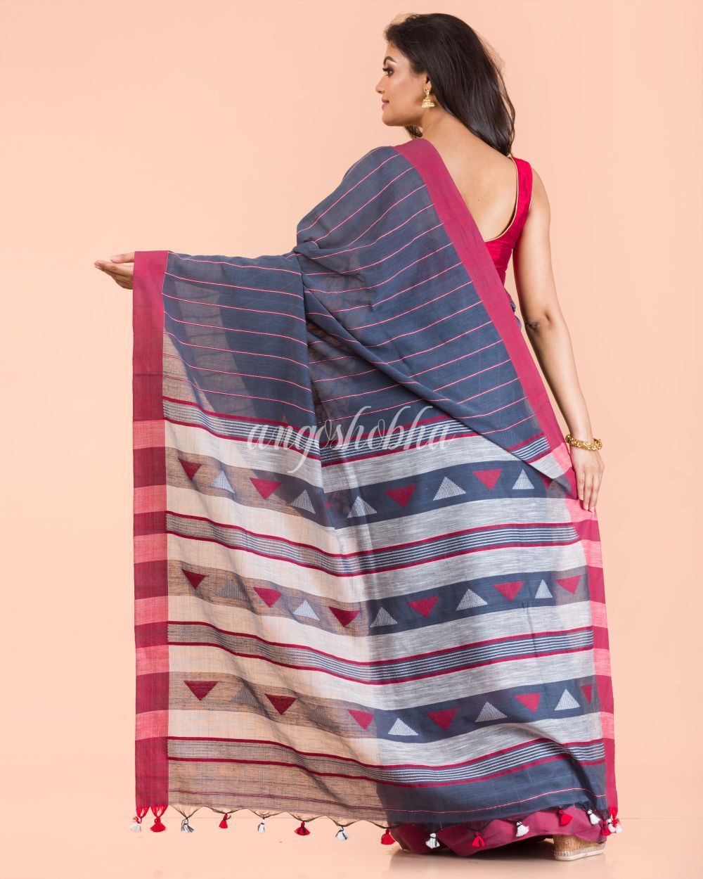 Women's Blue Grey Cotton Tangail Saree