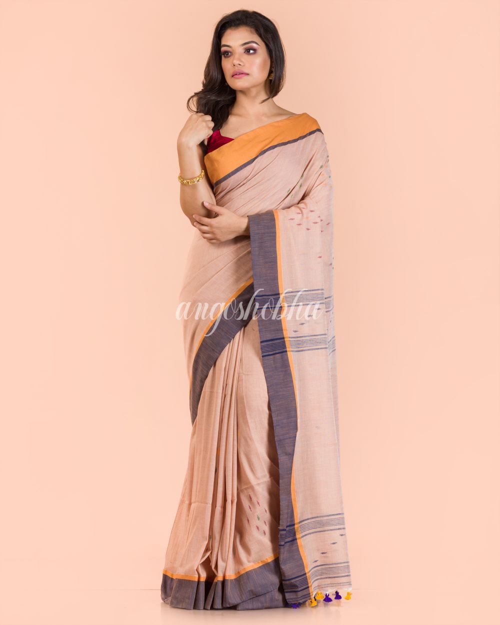 Women's Peach Cotton Jamdani Saree