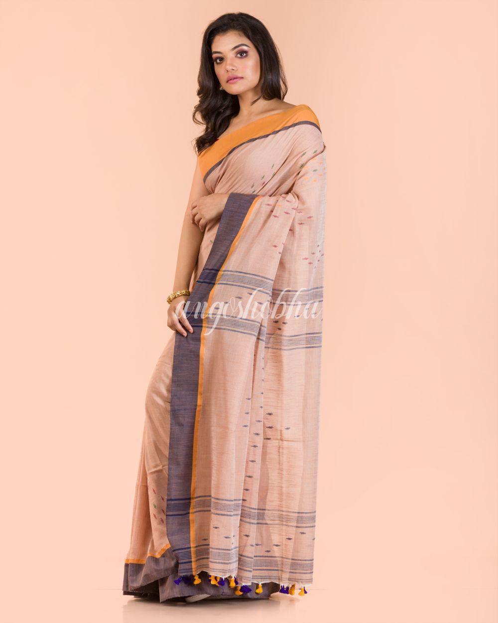 Women's Peach Cotton Jamdani Saree