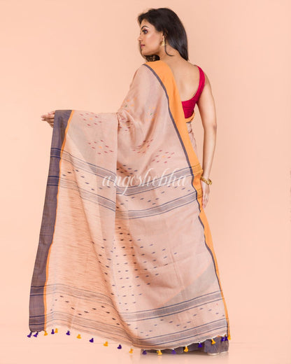 Women's Peach Cotton Jamdani Saree