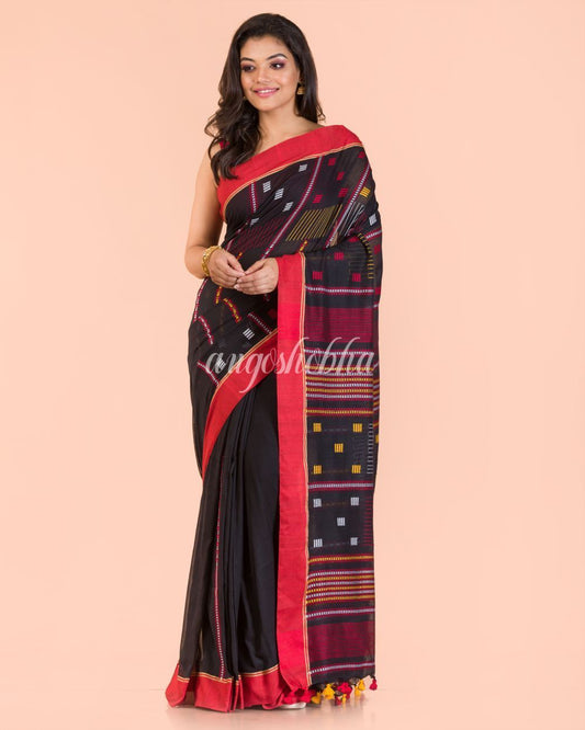 Women's Black Cotton Jamdani Saree