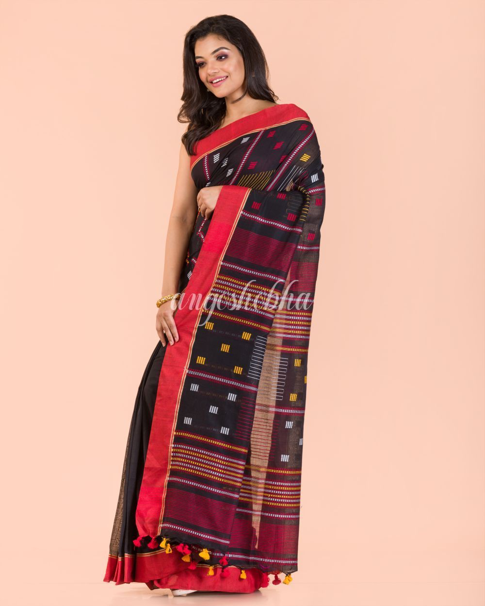 Women's Black Cotton Jamdani Saree