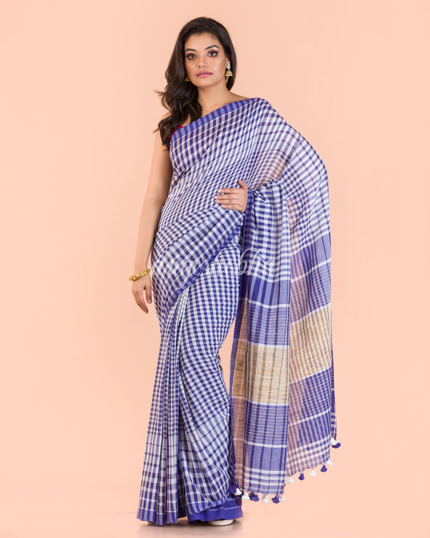 Women's Blue White Handwoven Cotton Saree