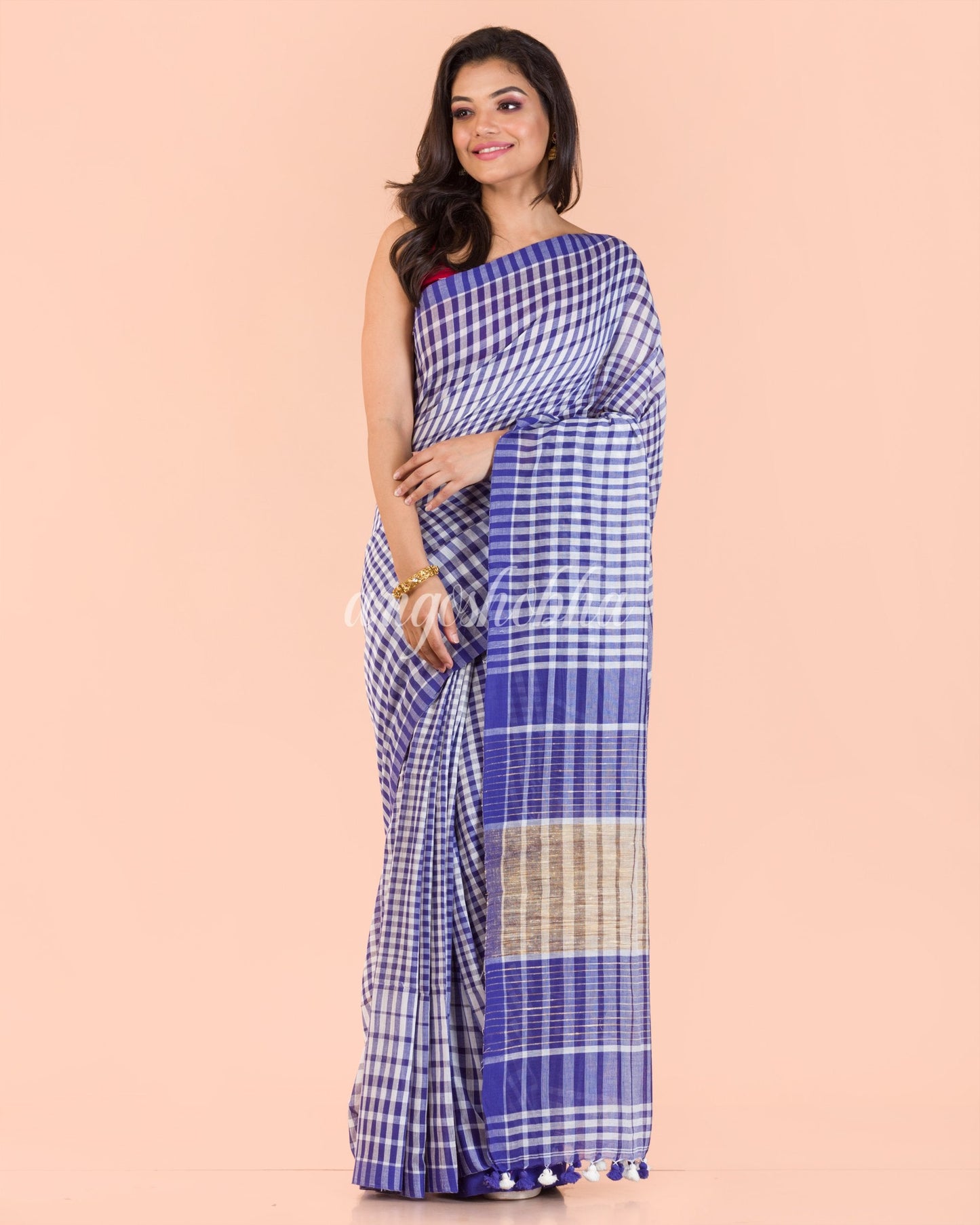 Women's Blue White Handwoven Cotton Saree